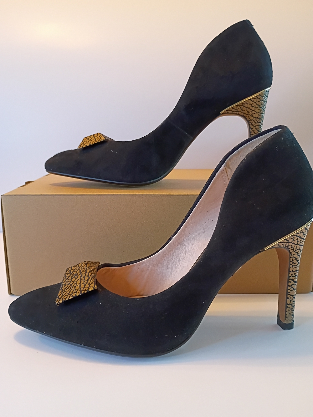 Clarks Black Suede Pointed Pumps with Gold Textured Accents